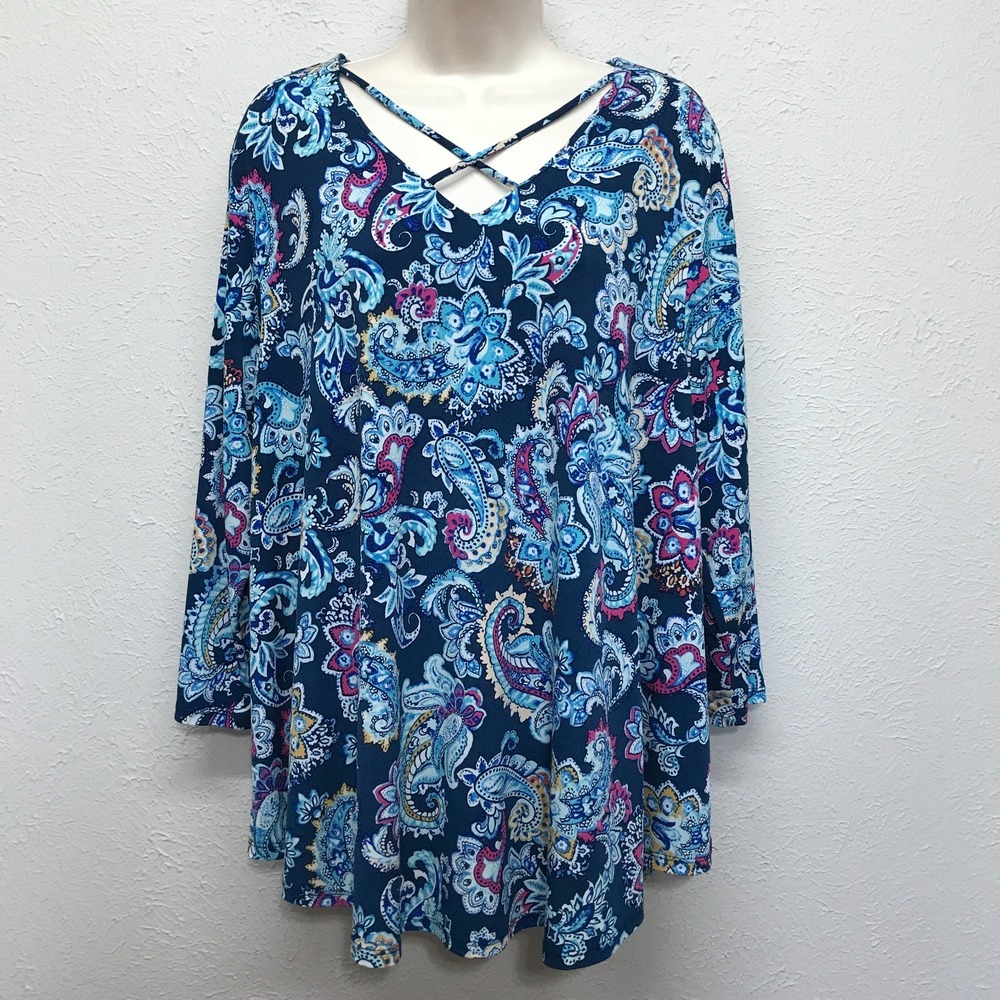 Chicos V Neck Paisley Top Womens 2 Large L Blue Pink Criss Cross Strap Blouse
